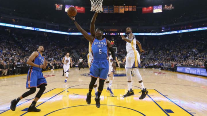 OAKLAND, CA – JANUARY 18: Victor Oladipo #5 of the Oklahoma City Thunder goes up for a shot against the Golden State Warriors at ORACLE Arena on January 18, 2017 in Oakland, California. NOTE TO USER: User expressly acknowledges and agrees that, by downloading and or using this photograph, User is consenting to the terms and conditions of the Getty Images License Agreement. (Photo by Ezra Shaw/Getty Images)