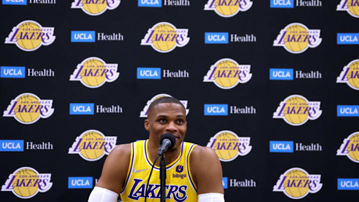 EL SEGUNDO, CALIFORNIA - SEPTEMBER 28: Russell Westbrook #0 of the Los Angeles Lakers smiles as he speaks at a press conference during Los Angeles Lakers media day at UCLA Health Training Center on September 28, 2021 in El Segundo, California. (Photo by Harry How/Getty Images)