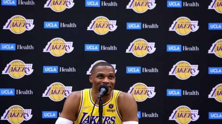 EL SEGUNDO, CALIFORNIA - SEPTEMBER 28: Russell Westbrook #0 of the Los Angeles Lakers smiles as he speaks at a press conference during Los Angeles Lakers media day at UCLA Health Training Center on September 28, 2021 in El Segundo, California. (Photo by Harry How/Getty Images)