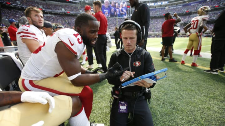 Pierre Garcon #15 and Wide Receivers/Passing Game Specialist Mike LaFleur of the San Francisco 49ers (Photo by Michael Zagaris/San Francisco 49ers/Getty Images)