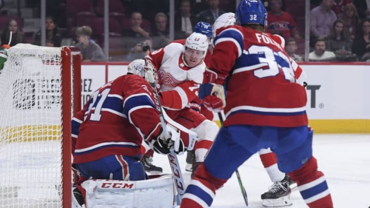MONTREAL, QC - OCTOBER 19: Carey Price #31 of the Montreal Canadiens makes a save in front of Adam Erne #73 of the Detroit Red Wings in the NHL game at the Bell Centre on October 10, 2019 in Montreal, Quebec, Canada. (Photo by Francois Lacasse/NHLI via Getty Images)