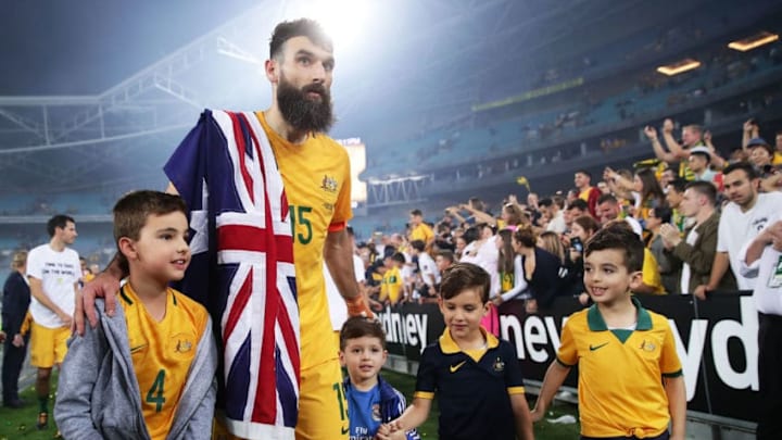 SYDNEY, AUSTRALIA - NOVEMBER 15: Mile Jedinak of Australia celebrates victory after the 2018 FIFA World Cup Qualifiers Leg 2 match between the Australian Socceroos and Honduras at ANZ Stadium on November 15, 2017 in Sydney, Australia. (Photo by Matt King/Getty Images)