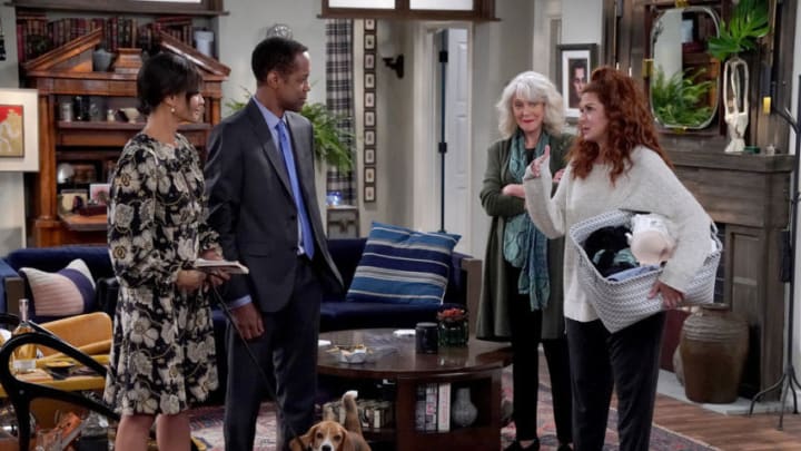 WILL & GRACE -- "Of Mouse and Men" Episode 306 -- Pictured: (l-r) Persia White as Katherine Palmer-Payne, Wayne Wilderson as Ellis Palmer-Payne, Blythe Danner as Marilyn Truman, Debra Messing as Grace Adler -- (Photo by: Chris Haston/NBC)