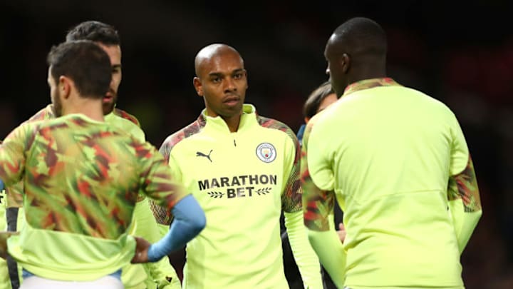 MANCHESTER, ENGLAND - JANUARY 07: Fernandinho of Manchester City warms up prior to the Carabao Cup Semi Final match between Manchester United and Manchester City at Old Trafford on January 07, 2020 in Manchester, England. (Photo by Michael Steele/Getty Images)
