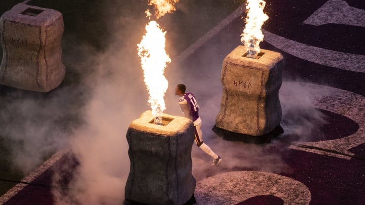 MINNEAPOLIS, MN - OCTOBER 28: Stefon Diggs #14 of the Minnesota Vikings runs out of the tunnel during pregame introductions before the game against the New Orleans Saints at U.S. Bank Stadium on October 28, 2018 in Minneapolis, Minnesota. (Photo by Stephen Maturen/Getty Images)