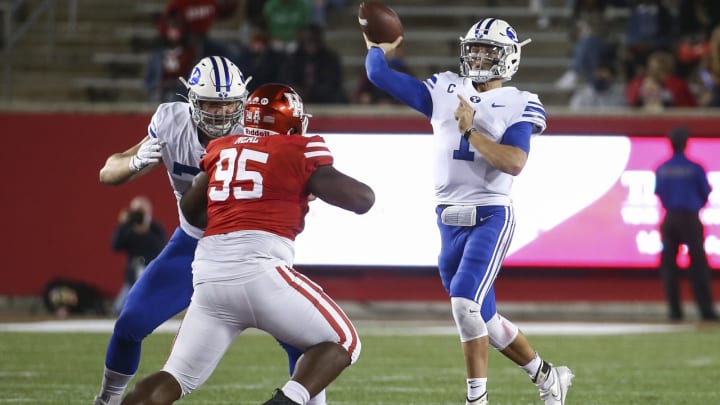 Oct 16, 2020; Houston, Texas, USA; Brigham Young Cougars quarterback Zach Wilson (1) attempts a pass during the second quarter against the Houston Cougars at TDECU Stadium. Mandatory Credit: Troy Taormina-USA TODAY Sports