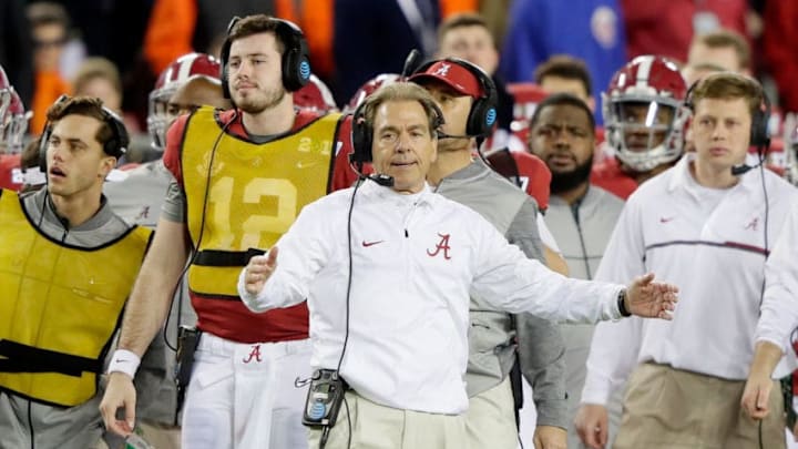 TAMPA, FL - JANUARY 09: Head coach Nick Saban of the Alabama Crimson Tide reacts on the sideline during the second half against the Clemson Tigers in the 2017 College Football Playoff National Championship Game at Raymond James Stadium on January 9, 2017 in Tampa, Florida. (Photo by Jamie Squire/Getty Images)