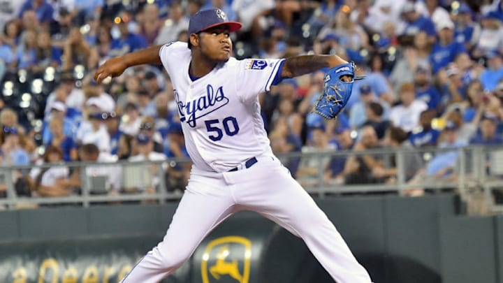 KANSAS CITY, MO - JULY 01: Kansas City Royals relief pitcher Miguel Almonte (50) pitches during the second game of a double-header between the Minnesota Twins and the Kansas City Royals, July 01, 2017, at Kauffman Stadium, Kansas City, MO. (Photo by Keith Gillett/Icon Sportswire via Getty Images)