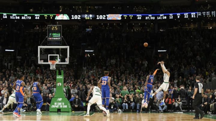 BOSTON, MA - NOVEMBER 1: Jayson Tatum #0 of the Boston Celtics makes the game winning basket against the New York Knicks on November 1, 2019 at the TD Garden in Boston, Massachusetts. NOTE TO USER: User expressly acknowledges and agrees that, by downloading and or using this photograph, User is consenting to the terms and conditions of the Getty Images License Agreement. Mandatory Copyright Notice: Copyright 2019 NBAE (Photo by Brian Babineau/NBAE via Getty Images)