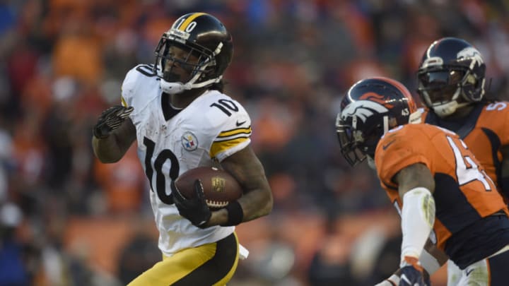 DENVER, CO - JANUARY 17: Pittsburgh Steelers wide receiver Martavis Bryant (10) picks up a big gain as he gets chased by Denver Broncos strong safety T.J. Ward (43) during the third quarter January 17, 2016 in the Divisional Round Playoff game at Sports Authority Field at Mile High Stadium. (Photo By Helen Richardson/The Denver Post via Getty Images)