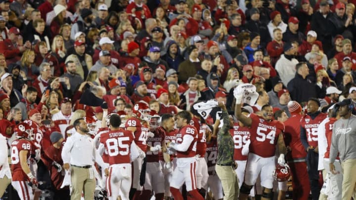 NORMAN, OK - NOVEMBER 23: The Oklahoma Sooners get amped up before a game against the TCU Horned Frogs on November 23, 2019 at Gaylord Family Oklahoma Memorial Stadium in Norman, Oklahoma. OU held on to win 28-24. (Photo by Brian Bahr/Getty Images)