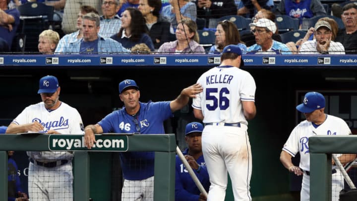 KANSAS CITY, MISSOURI - AUGUST 26: Starting pitcher Brad Keller #56 of the Kansas City Royals leaves the game after giving up 5 runs during the 2nd inning of the game against the Oakland Athletics at Kauffman Stadium on August 26, 2019 in Kansas City, Missouri. (Photo by Jamie Squire/Getty Images)