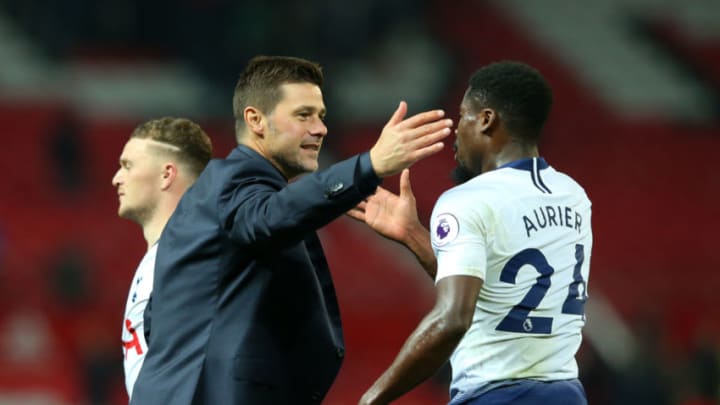 MANCHESTER, ENGLAND - AUGUST 27: Mauricio Pochettino, Manager of Tottenham Hotspur and Serge Aurier of Tottenham Hotspur celebrate following their sides victory in the Premier League match between Manchester United and Tottenham Hotspur at Old Trafford on August 27, 2018 in Manchester, United Kingdom. (Photo by Tottenham Hotspur FC/Tottenham Hotspur FC via Getty Images)