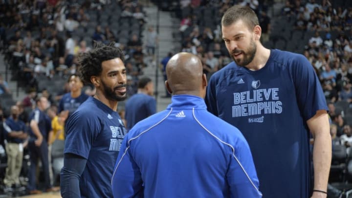 SAN ANTONIO, TX - APRIL 25: Mike Conley #11 and Marc Gasol #33 of the Memphis Grizzlies stand on the court before Game Five of the Western Conference Quarterfinals of the 2017 NBA Playoffs on April 25, 2017 at AT&T Center in San Antonio, Texas. NOTE TO USER: User expressly acknowledges and agrees that, by downloading and/or using this photograph, user is consenting to the terms and conditions of the Getty Images License Agreement. Mandatory Copyright Notice: Copyright 2017 NBAE (Photo by Mark Sobhani/NBAE via Getty Images)
