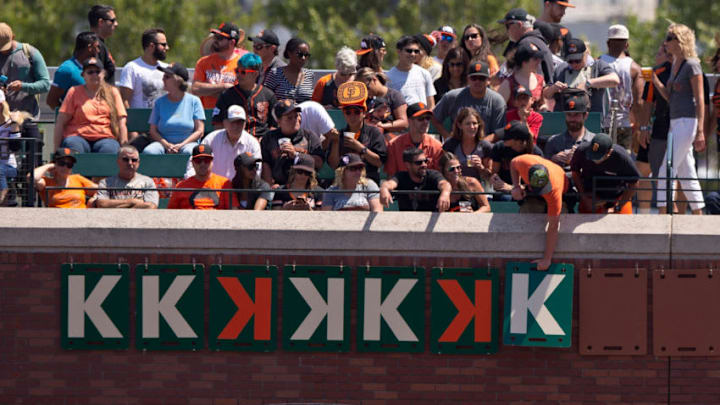SAN FRANCISCO, CA - JULY 12: A San Francisco Giants fan turns over a K sign after pitcher Chris Heston (not pictured) recorded his seventh strike out against the Philadelphia Phillies during the seventh inning at AT&T Park on July 12, 2015 in San Francisco, California. The San Francisco Giants defeated the Philadelphia Phillies 4-2. (Photo by Jason O. Watson/Getty Images)