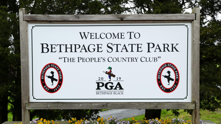 BETHPAGE, NEW YORK – MAY 13: Signage is displayed during a practice round prior to the 2019 PGA Championship at the Bethpage Black course on May 13, 2019 in Bethpage, New York. (Photo by Warren Little/Getty Images) PGA Championship