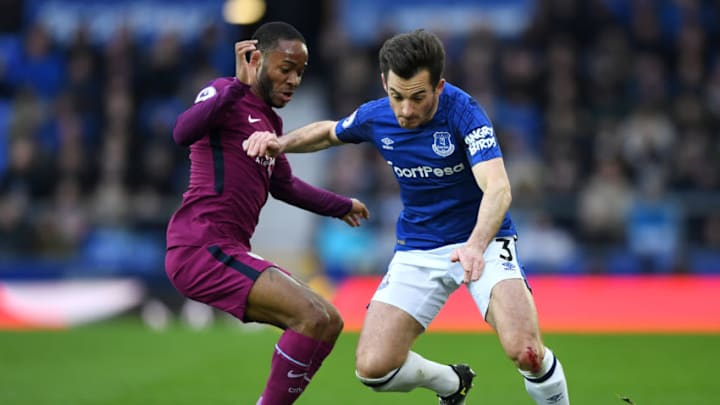 LIVERPOOL, ENGLAND - MARCH 31: Leighton Baines of Everton is challenged by Raheem Sterling of Manchester City during the Premier League match between Everton and Manchester City at Goodison Park on March 31, 2018 in Liverpool, England. (Photo by Gareth Copley/Getty Images)