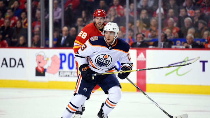CALGARY, AB - NOVEMBER 17: Edmonton Oilers Forward Ryan Spooner (23) skates in his debut with the Edmonton Oilers during the second period of an NHL game where the Calgary Flames hosted the Edmonton Oilers on November 17, 2018, at the Scotiabank Saddledome in Calgary, AB. (Photo by Brett Holmes/Icon Sportswire via Getty Images)