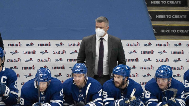 Feb 13, 2021; Toronto, Ontario, CAN; Toronto Maple Leafs head coach Sheldon Keefe looks on during the third period against the Montreal Canadiens at Scotiabank Arena. Mandatory Credit: Nick Turchiaro-USA TODAY Sports