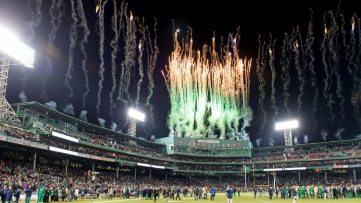 Nov 21, 2015; Boston, MA, USA; Fireworks go off after the Notre Dame Fighting Irish defeated the Boston College Eagles 19-16 at Fenway Park. Mandatory Credit: Matt Cashore-USA TODAY Sports