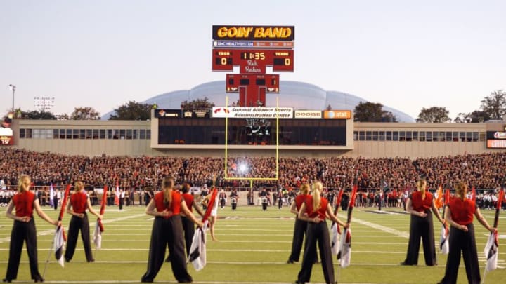 LUBBOCK, TEXAS - NOVEMBER 1: The marching band of the Texas Tech Red Raiders play on the field before the game against the Texas Longhorns on November 1, 2008 at Jones Stadium in Lubbock, Texas. (Photo by: Jamie Squire/Getty Images)