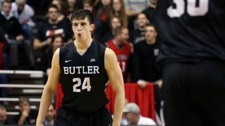 Dec 2, 2015; Cincinnati, OH, USA; Butler Bulldogs guard Kellen Dunham (24) reacts to making a three point basket in the second half against the Cincinnati Bearcats at Fifth Third Arena. Butler won 78-76. Mandatory Credit: Aaron Doster-USA TODAY Sports
