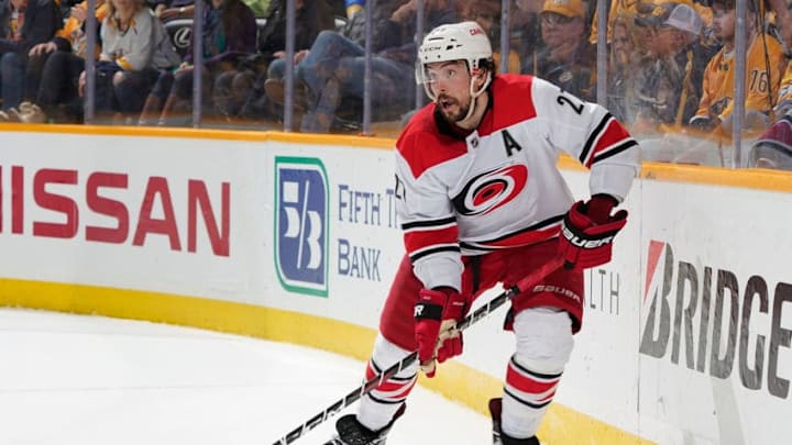 NASHVILLE, TN - MARCH 9: Justin Faulk #27 of the Carolina Hurricanes skates against the Nashville Predators at Bridgestone Arena on March 9, 2019 in Nashville, Tennessee. (Photo by John Russell/NHLI via Getty Images)