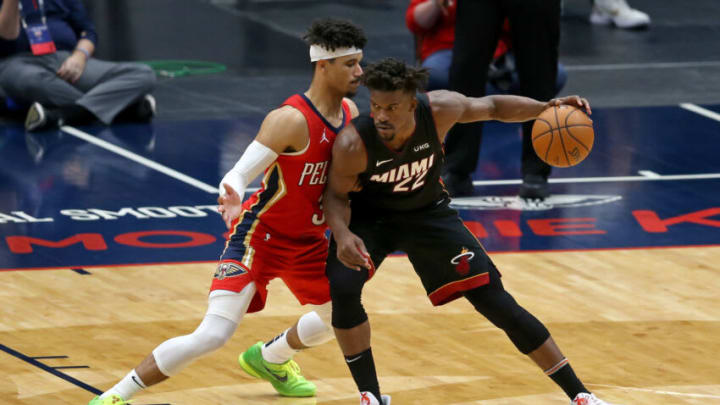 New Orleans Pelicans guard Josh Hart (3) defends Miami Heat forward Jimmy Butler (22)(Chuck Cook-USA TODAY Sports)