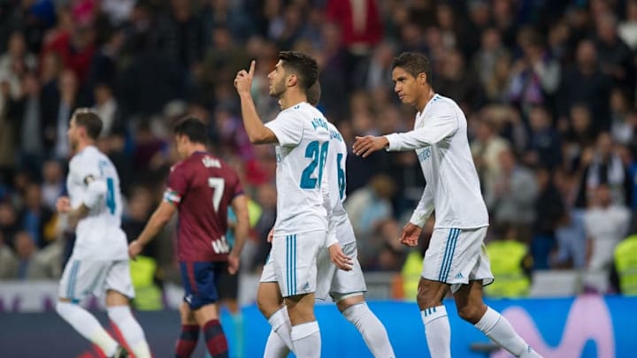 MADRID, SPAIN - OCTOBER 22: Marco Asensio of Real Madrid CF celebrates after scoring his teamÕs 2nd goal during the La Liga match between Real Madrid and Eibar at Estadio Santiago Bernabeu on October 22, 2017 in Madrid, Spain. (Photo by Denis Doyle/Getty Images)