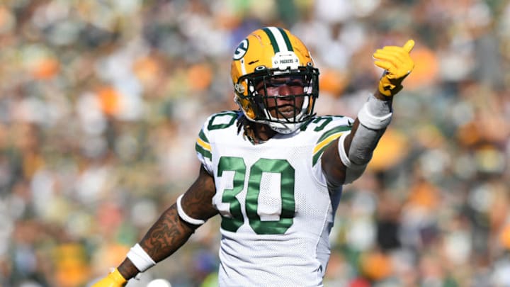 CARSON, CALIFORNIA - NOVEMBER 03: Jamaal Williams #30 of the Green Bay Packers reacts during the first half against the Los Angeles Chargers at Dignity Health Sports Park on November 03, 2019 in Carson, California. (Photo by Harry How/Getty Images)