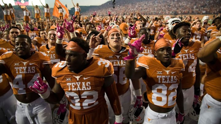 AUSTIN, TX - OCTOBER 29: The Texas Longhorns celebrate after defeating the Baylor Bears on October 29, 2016 at Darrell K Royal-Texas Memorial Stadium in Austin, Texas. (Photo by Cooper Neill/Getty Images)