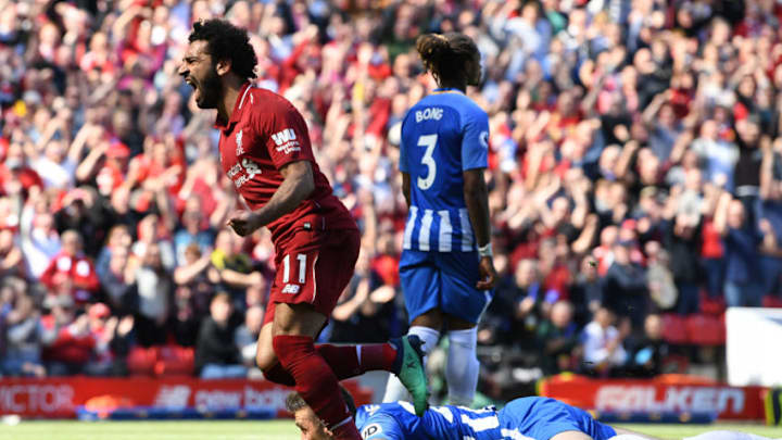 LIVERPOOL, ENGLAND - MAY 13: Mohamed Salah of Liverpool celebrates after scoring his sides first goal during the Premier League match between Liverpool and Brighton and Hove Albion at Anfield on May 13, 2018 in Liverpool, England. (Photo by Michael Regan/Getty Images)