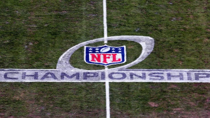 KANSAS CITY, MO - JANUARY 20: A view of the NFL Championships logo before the AFC Championship Game game between the New England Patriots and Kansas City Chiefs on January 20, 2019 at Arrowhead Stadium in Kansas City, MO. (Photo by Scott Winters/Icon Sportswire via Getty Images)