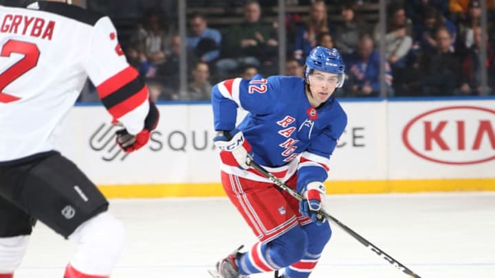 NEW YORK, NY - FEBRUARY 23: Filip Chytil #72 of the New York Rangers skates with the puck against the New Jersey Devils at Madison Square Garden on February 23, 2019 in New York City. (Photo by Jared Silber/NHLI via Getty Images)