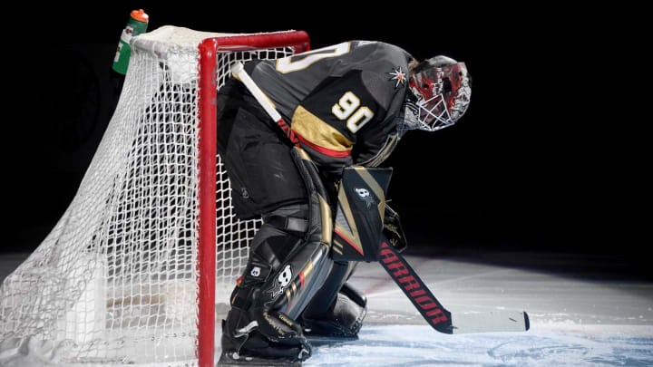 Robin Lehner #90 of the Vegas Golden Knights is introduced before a game against the New Jersey Devils.