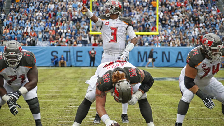 NASHVILLE, TENNESSEE – OCTOBER 27: Quarterback Jameis Winston #3 of the Tampa Bay Buccaneers calls signals against the Tennessee Titans during the first half at Nissan Stadium on October 27, 2019 in Nashville, Tennessee. (Photo by Frederick Breedon/Getty Images)
