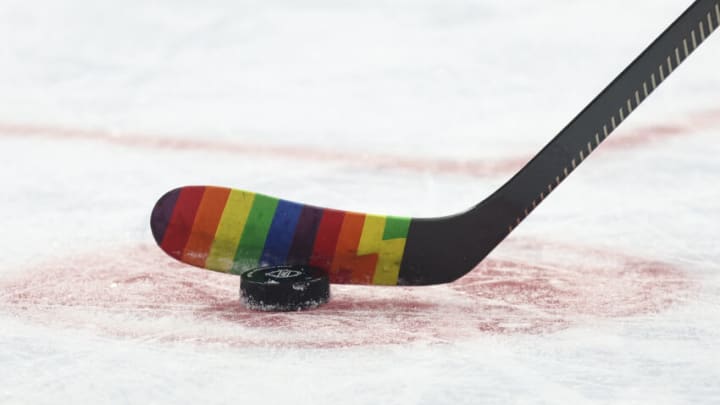 PHILADELPHIA, PENNSYLVANIA - JANUARY 17: The stick of Owen Tippett #74 of the Philadelphia Flyers is seen before a game against the Anaheim Ducks at Wells Fargo Center on January 17, 2023 in Philadelphia, Pennsylvania. (Photo by Tim Nwachukwu/Getty Images)