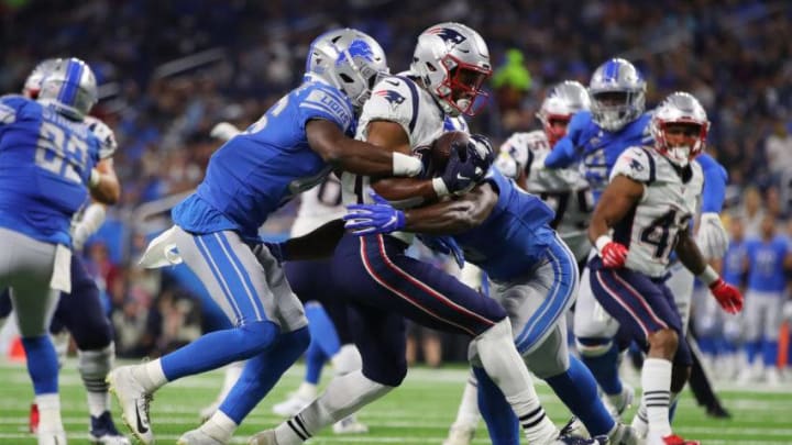 DETROIT, MICHIGAN - AUGUST 08: Jakobi Meyers #16 of the New England Patriots catches a second quarter pass next to Amani Oruwariye #46 of the Detroit Lions during a preseason game at Ford Field on August 08, 2019 in Detroit, Michigan. (Photo by Gregory Shamus/Getty Images)