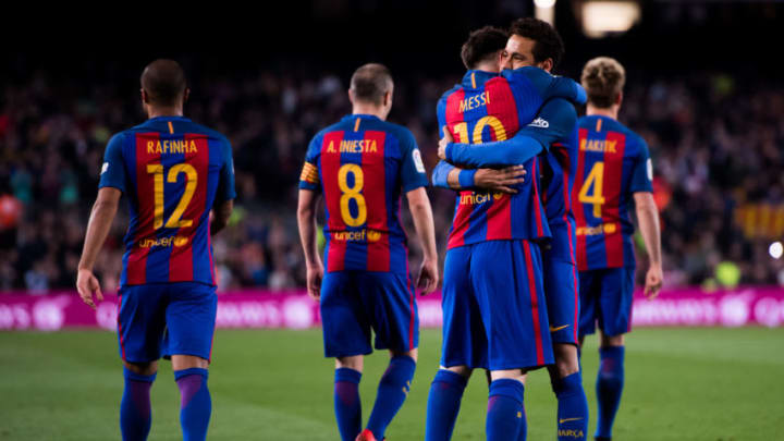 BARCELONA, SPAIN - MARCH 19: Lionel Messi (3rd L) of FC Barcelona celebrates with his teammate Neymar Santos Jr (2nd R) after scoring his team's third goal during the La Liga match between FC Barcelona and Valencia CF at Camp Nou stadium on March 19, 2017 in Barcelona, Spain. (Photo by Alex Caparros/Getty Images)