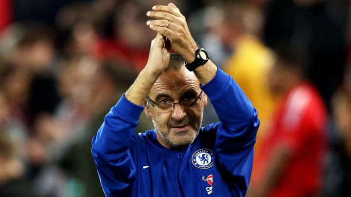 LIVERPOOL, ENGLAND - SEPTEMBER 26: Maurizio Sarri, Manager of Chelsea shows appreciation to the fans after the Carabao Cup Third Round match between Liverpool and Chelsea at Anfield on September 26, 2018 in Liverpool, England. (Photo by Jan Kruger/Getty Images)