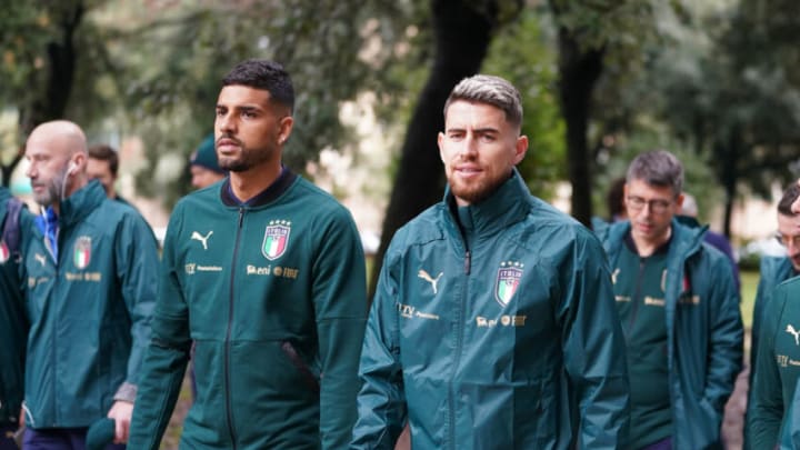 ROME, ITALY - NOVEMBER 11: Jorginho and Emerson Palmieri of Italy walk on "Villa Borghese" Park on November 11, 2021 in Rome, Italy. (Photo by Claudio Villa/Getty Images)