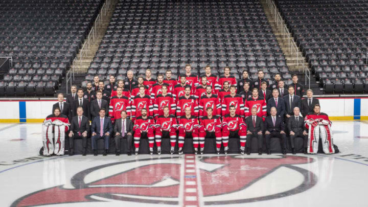 The New Jersey Devils pose for the official team photo for the 2017-2018 season on April 4, 2018 at the Prudential Center in Newark, New Jersey.