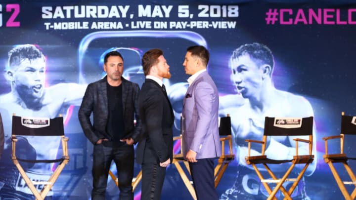 LOS ANGELES, CA - FEBRUARY 27: Chivas Regal and fans of the Chivas Fight Club join Gennady "GGG" Golovkin (R) and Canelo Álvarez as they discuss their anticipated rematch at LA LIVE on February 27, 2018 in Los Angeles, California. (Photo by Rich Polk/Getty Images for Chivas Regal)