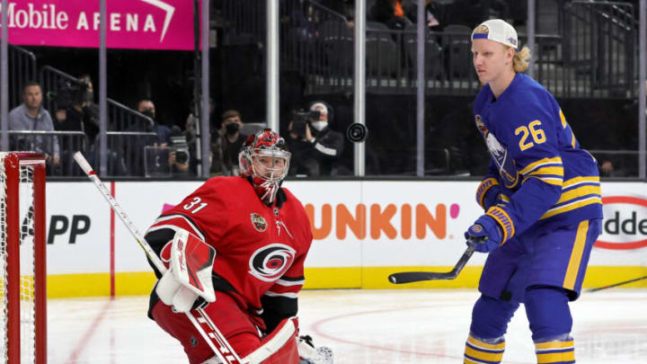 LAS VEGAS, NEVADA - FEBRUARY 04: Rasmus Dahlin #26 of the Buffalo Sabres collects the puck after attempting a shot against Frederik Andersen #31 of the Carolina Hurricanes in the Save Streak event during the 2022 NHL All-Star Skills at T-Mobile Arena on February 04, 2022 in Las Vegas, Nevada. (Photo by Ethan Miller/Getty Images)