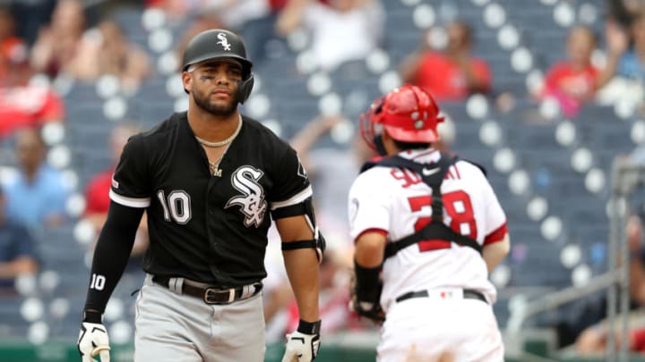 WASHINGTON, DC - JUNE 05: Yoan Moncada #10 of the Chicago White Sox reacts after striking out to end the ninth inning against the Washington Nationals at Nationals Park on June 05, 2019 in Washington, DC. (Photo by Rob Carr/Getty Images)