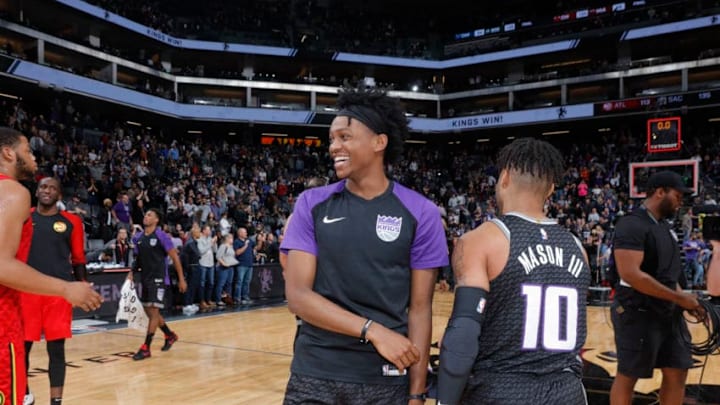 SACRAMENTO, CA - JANUARY 30: De'Aaron Fox #5 of the Sacramento Kings smiles prior to the game against the Atlanta Hawks on January 30, 2019 at Golden 1 Center in Sacramento, California. NOTE TO USER: User expressly acknowledges and agrees that, by downloading and or using this photograph, User is consenting to the terms and conditions of the Getty Images Agreement. Mandatory Copyright Notice: Copyright 2019 NBAE (Photo by Rocky Widner/NBAE via Getty Images)
