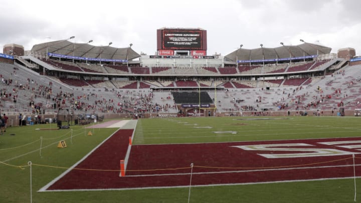 TALLAHASSEE, FL - AUGUST 27: General view of the video board inside Doak Campbell Stadium on Bobby Bowden Field warning fans and the teams to take cover because of a weather alert before the Florida State Seminoles plays against the Duquesne Dukes on August 27, 2022 in Tallahassee, Florida. (Photo by Don Juan Moore/Getty Images)Don Juan Moore/Getty Images)