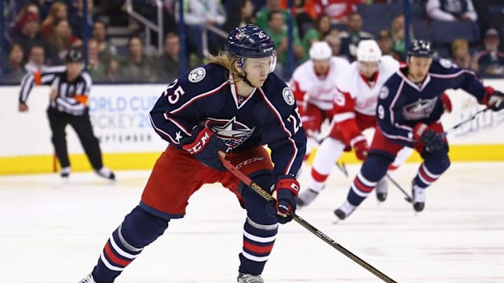 Mar 17, 2016; Columbus, OH, USA; Columbus Blue Jackets center William Karlsson (25) against the Detroit Red Wings at Nationwide Arena. The Red Wings won 3-1. Mandatory Credit: Aaron Doster-USA TODAY Sports