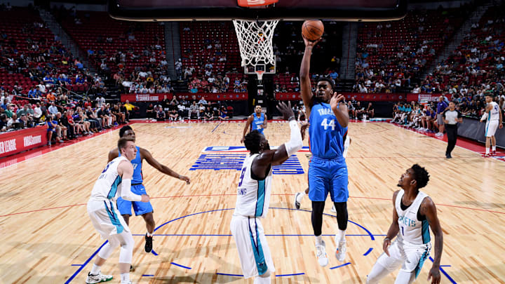 DENVER, CO – JULY 6: Dakari Johnson #44 of the Oklahoma City Thunder shoots the ball against the Charlotte Hornets during the 2018 Las Vegas Summer League on July 6, 2018 at the Thomas & Mack Center in Las Vegas, Nevada.  Copyright 2018 NBAE (Photo by Bart Young/NBAE via Getty Images)