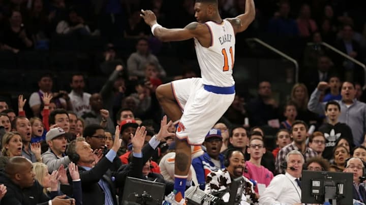 Apr 10, 2016; New York, NY, USA; New York Knicks forward Cleanthony Early (11) chases a loose ball into the crowd during the second half against the Toronto Raptors at Madison Square Garden. The Raptors defeated the Knicks 93-89. Mandatory Credit: Adam Hunger-USA TODAY Sports